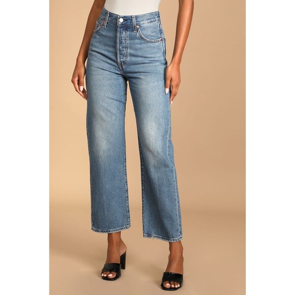 Levis Premium Women Denim Jean 32 Ribcage Straight Ankle Blue High Rise Wide New - Picture 5 of 16
